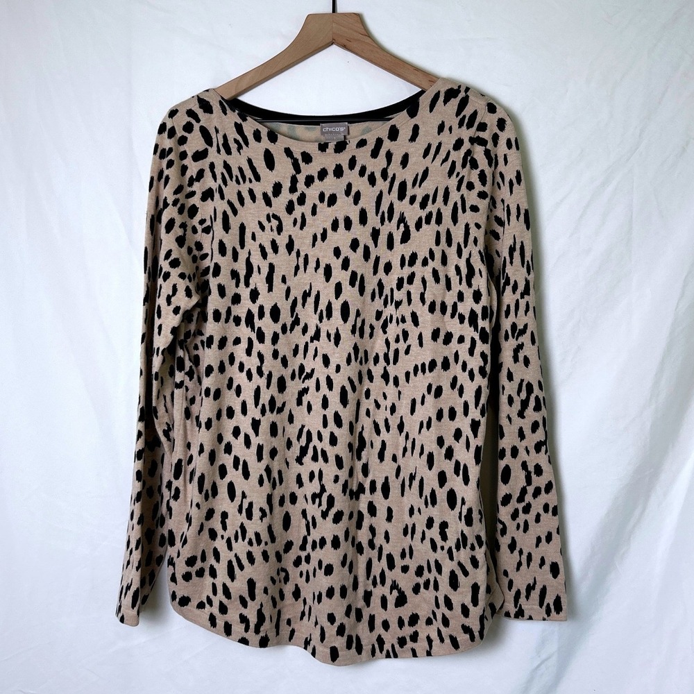 Chico's Women Leopard Print Boat Neck Knit Sweater Size 1 /M Tan Black Casual